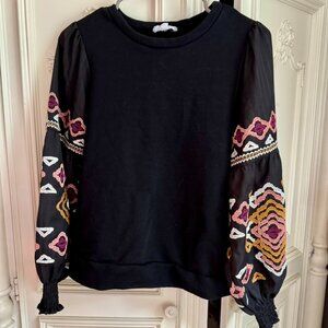 THML black sweater w/ geometric embroidered puff sleeves, women's size medium
